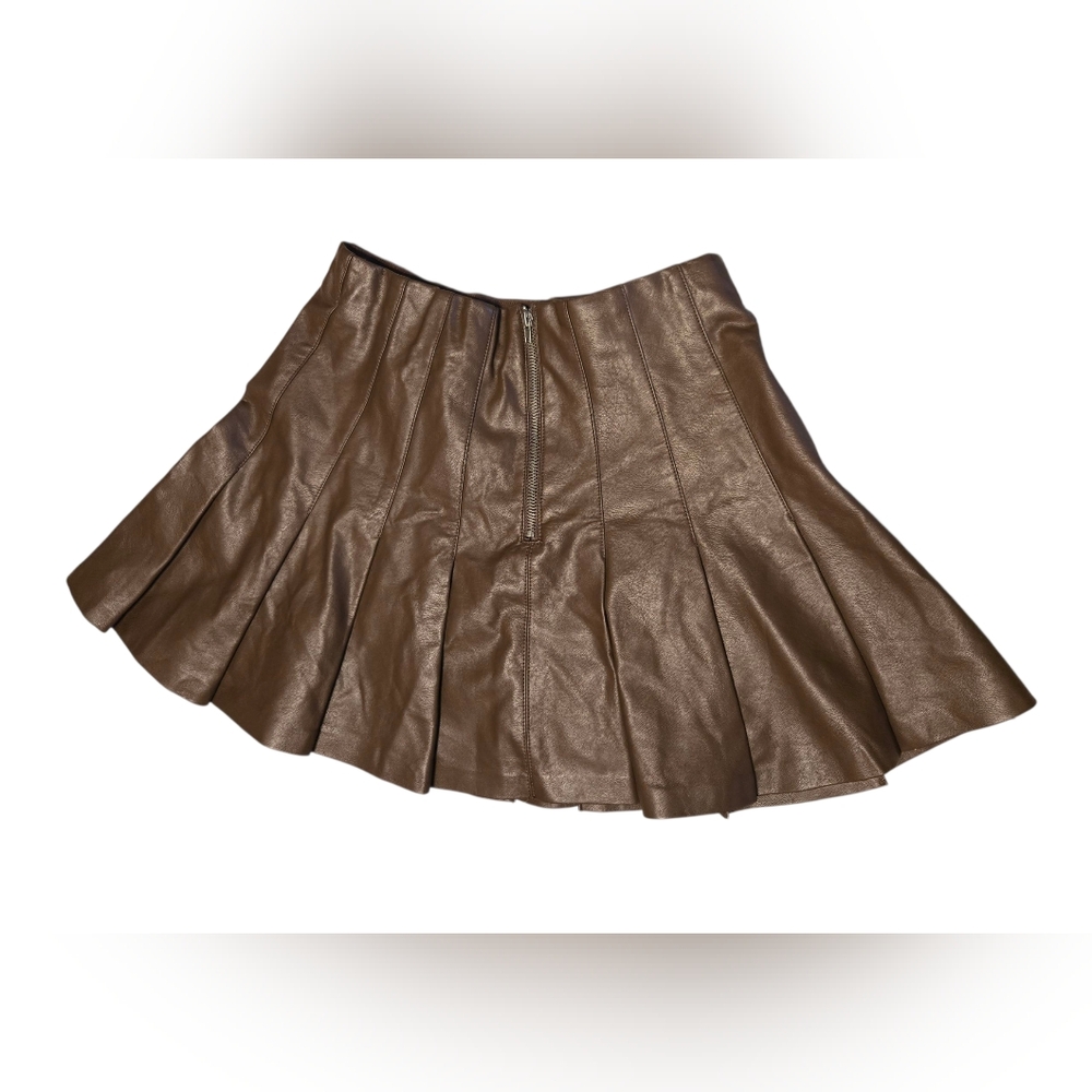 Faux Leather Skirt Pleated A-Line Brown Women's Size Small